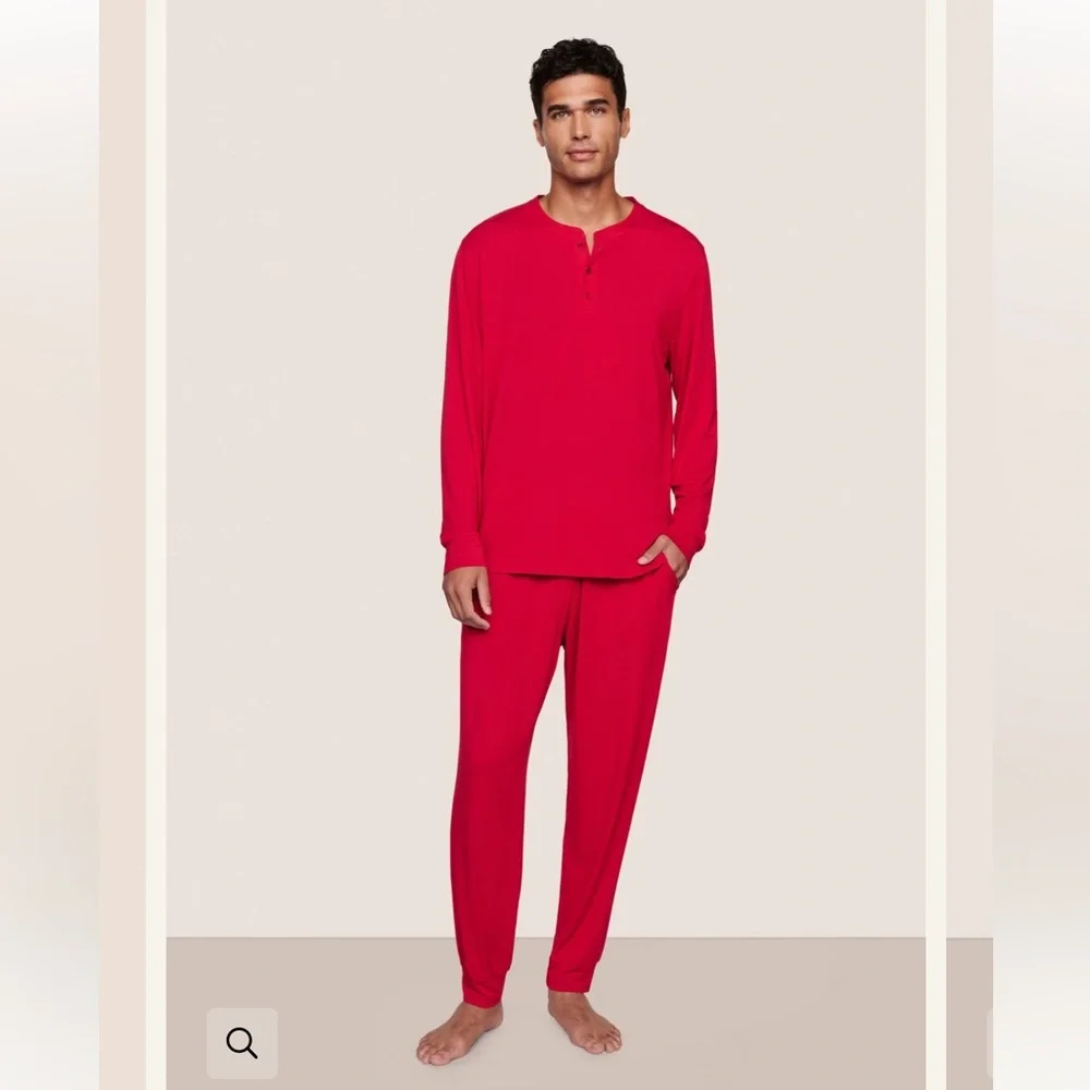 Eberjey Men's Red Long Sleeve Henley Pajama Set